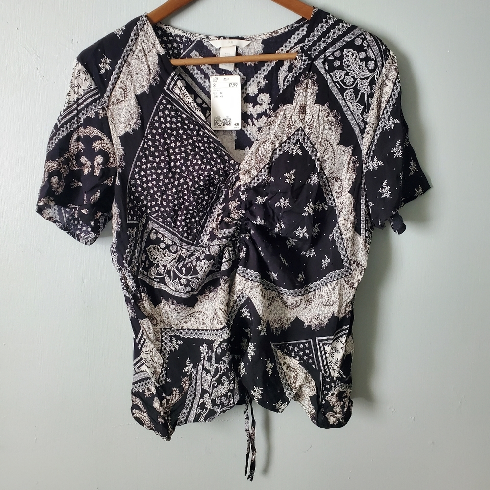 H&M | NWT Boho Hippie Mixed Print Scarf Patchwork Short Sleeve Ruched Blouse Top